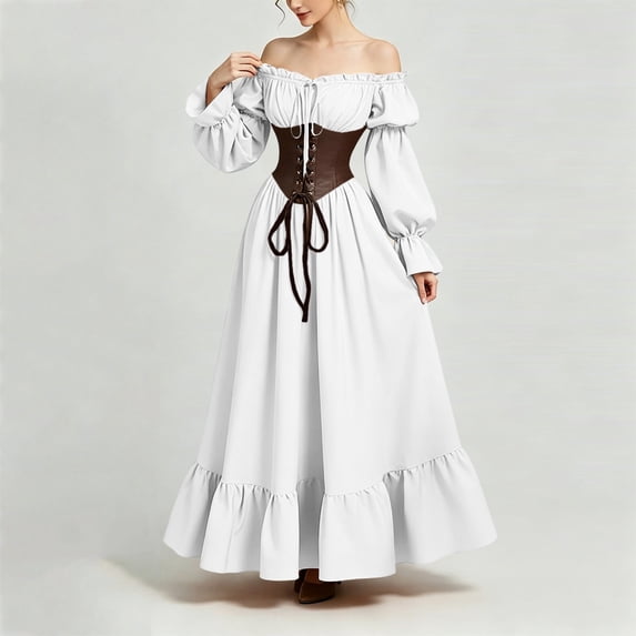 Kinrui Renaissance Costume Women Off Shoulder Lace Up Corset Dress Long Sleeve A-Line Fairy Maxi Dresses White S