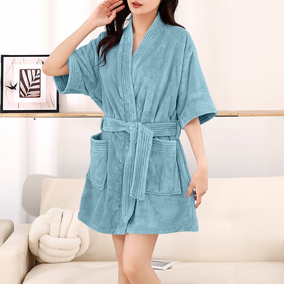 Kinrui Short Fleece Bath Robes for Women Half Sleeve Absorbent Terry Cloth Plain Quick Dry Bathrobes with Waistband and Pocket Blue Free Size