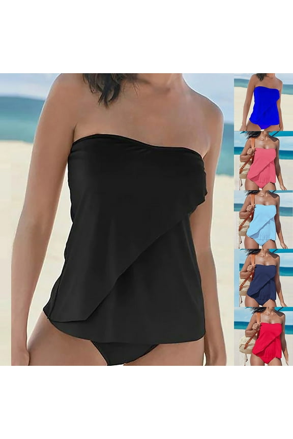 Strapless Swimsuits for Women Halter Bandeau Swim Tube Tops with Bikini Bottom Plus Size Tummy Control Bathing Suits Black,M