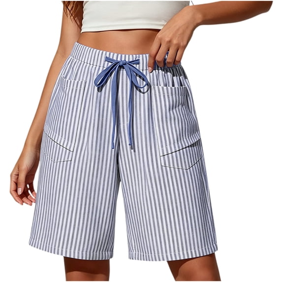 Kinrui Stripes Long Shorts for Women Casual Drawstring Elastic Waist Bermuda Shorts Knee Lenght Summer Beach Shorts with Pockets,Size S-2XL
