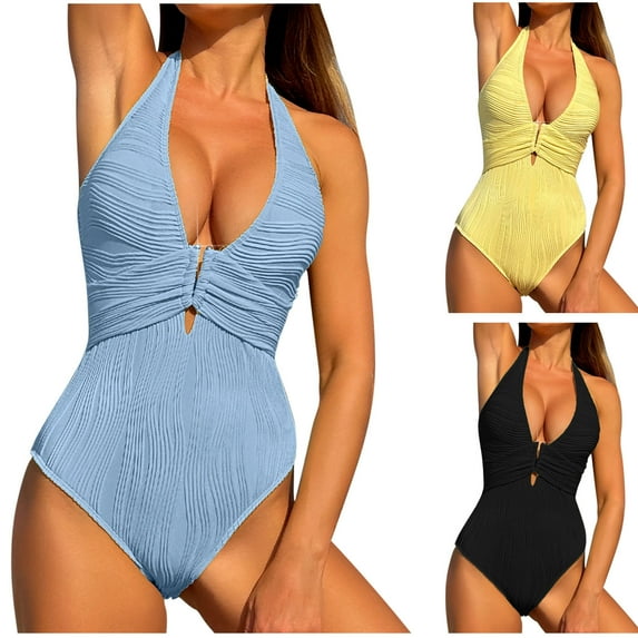 Kinrui Swim Suits for Women 2026 Tummy Control Bathing Suits Halter One Piece Swimsuits U-Wire Cutout Texture Swimwear Black,M