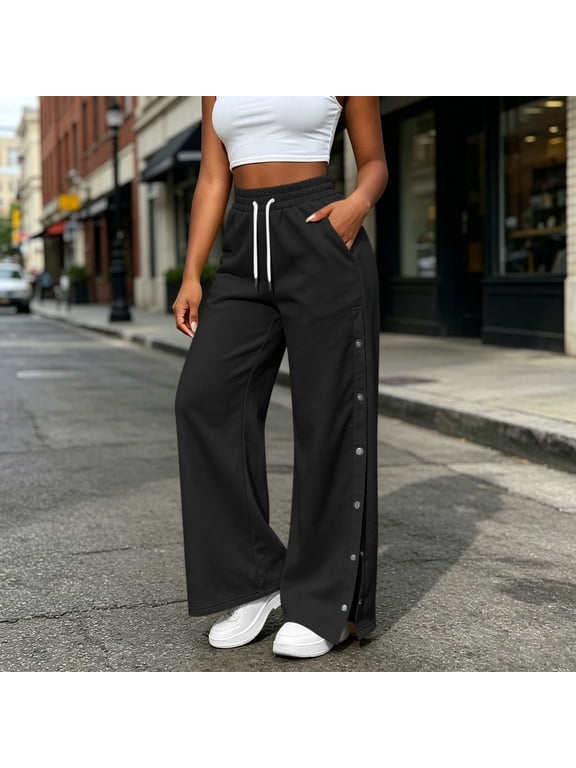 Tear Away Pants for Women Side Snap Button Down Post Surgery Breakaway Sweatpants Lounge Easy Access Rip Off Replacement Trousers Black XL