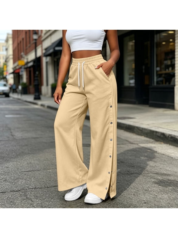 Tear Away Pants for Women Side Snap Button Down Post Surgery Breakaway Sweatpants Lounge Easy Access Rip Off Replacement Trousers Khaki S
