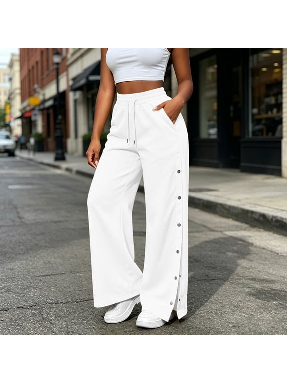 Tear Away Pants for Women Side Snap Button Down Post Surgery Breakaway Sweatpants Lounge Easy Access Rip Off Replacement Trousers White L