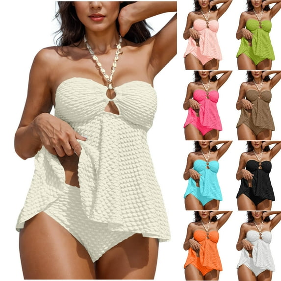 Kinrui Two Piece Tankini Bathing Suits for Women Halter Bandeau Swim Top with Bottom Tummy Control Swimsuit Keyhole Swimwear White,L