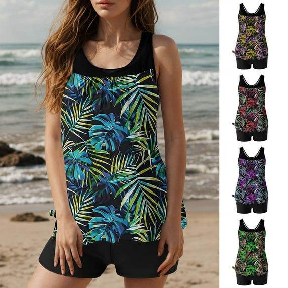 Kinrui Two Piece Women's Tankini Swimsuits Trendy Floral Print Swim Tank Tops with Boy Shorts Modest Bathing Suits Swimwear Yellow,L