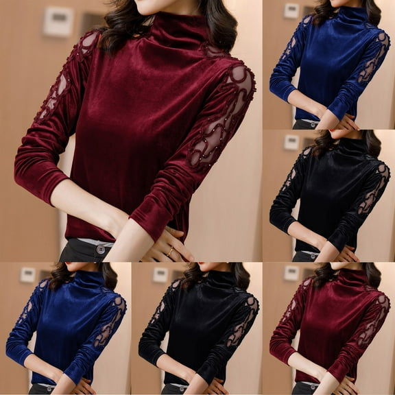 Kinrui Velvet Long Sleeve Shirts for Women Turtleneck Casual Basic Fall Tops Lace Patchwork Loose Fit Comfy Blouses Red,M