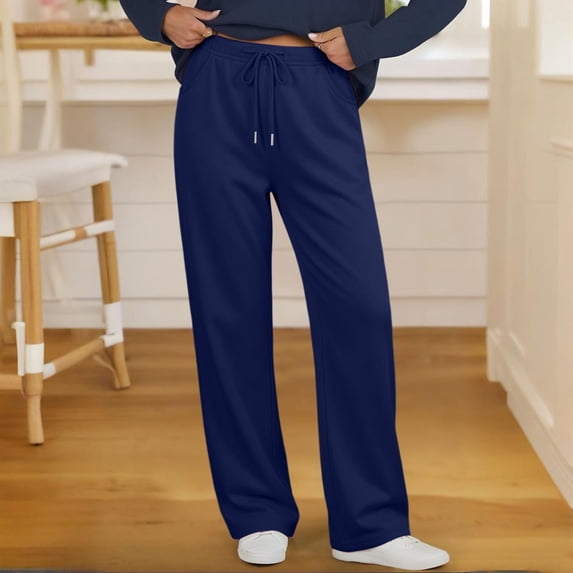 Kinrui Wide Leg Pants for Women High Rise Drawstring Lounge Sweatpants Casual Pull On Fall Trousers with Pocket Navy M
