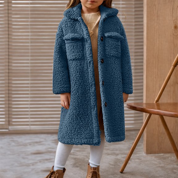 Kinrui Winter Long Coats for Girls 3-12 Years Thick Warm Sherpa Teddy Jacket Casual Button Down Fleece Overcoat Faux Fur Outwear with Chest Pocket