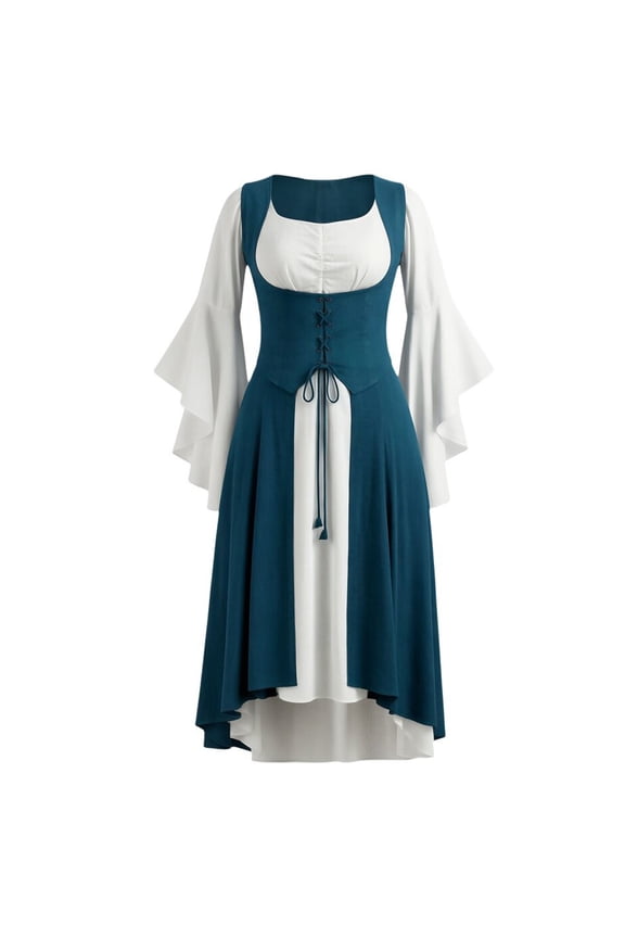 Witch Costume Womens Renaissance Medieval Dress Peasant Gothic Corset Chemise Overdress Cosplay Party Gown Blue 3XL