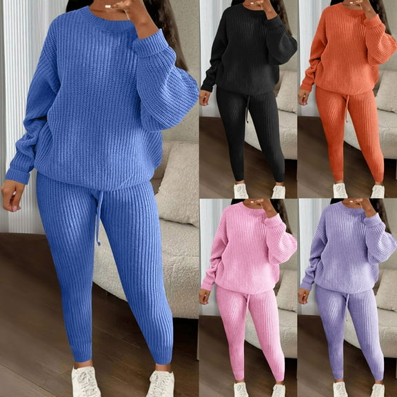 Kinrui Women Cable Knitted 2 Pieces Outfits Plus Size Long Sleeve Sweater Pullover Tops Long Pants Lounge Sets Autumn Winter Pink,L