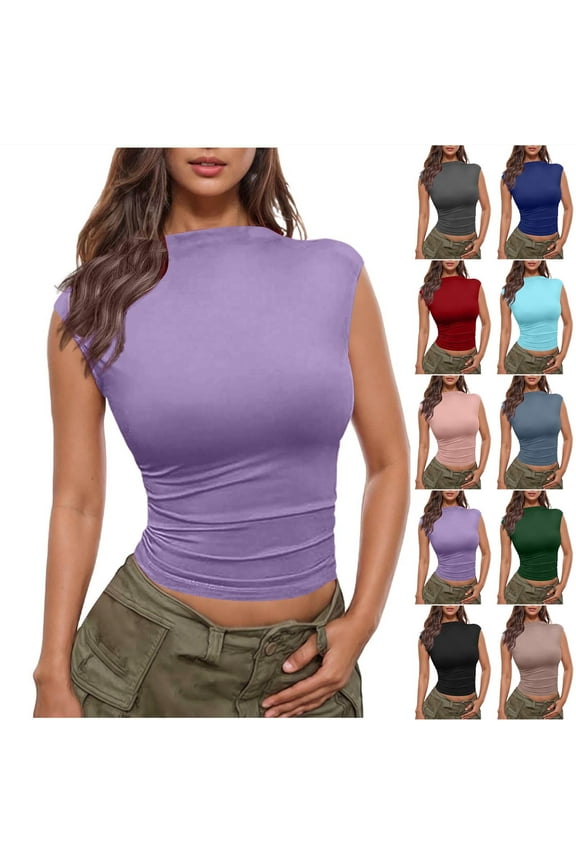 Women High Neck Tank Tops Sim Fitted Sleeveless Basic Tee Summer Cute Y2k Ruched Going Out Shirt Pink 2XL