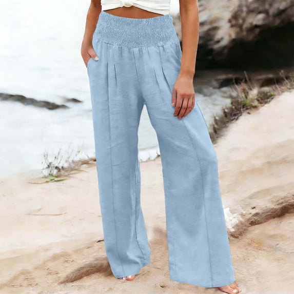 Kinrui Women Linen Palazzo Pants Summer Boho Wide Leg Smocked Waist Lounge Pant Beach Travel Vacation Trousers Light Blue L