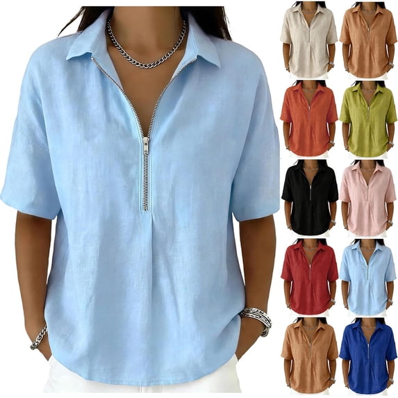 Kinrui Women Quarter Zip Blouses Short Sleeve V Neck Lapel Shirts Casual Loose Solid Color Gauze Tops Light Blue M
