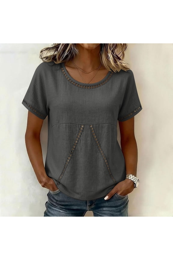 Women Short Sleeve Tops Boho Lace Patch Tunic T-shirt Casual Dressy Crew Neck Summer Blouses S-3XL