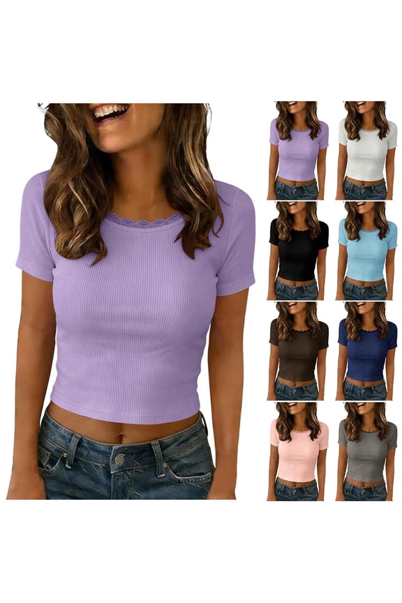 Women Short Sleeve Tops Lace Patchwork Pointelle Knit T-shirt Crew Neck Ribbed Slim Fitted Basic Tees S-3XL