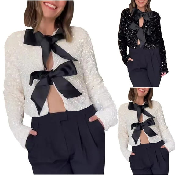 Kinrui Women Tie-Front Velvet Tops Sequined Long Sleeve Sparkling Glitter Tops with Bow Party Concert Night Black,XL