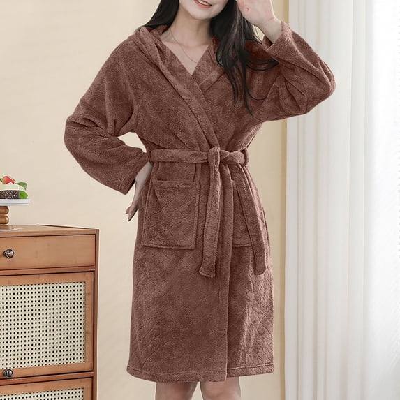 Kinrui Women Warm Plush Bathrobe Hooded Fleece Fuzzy Short Spa Robes Soft Warm Housecoat Ladies Comfort Fall Winter Shower Robe with Pocket Coffee Free Size