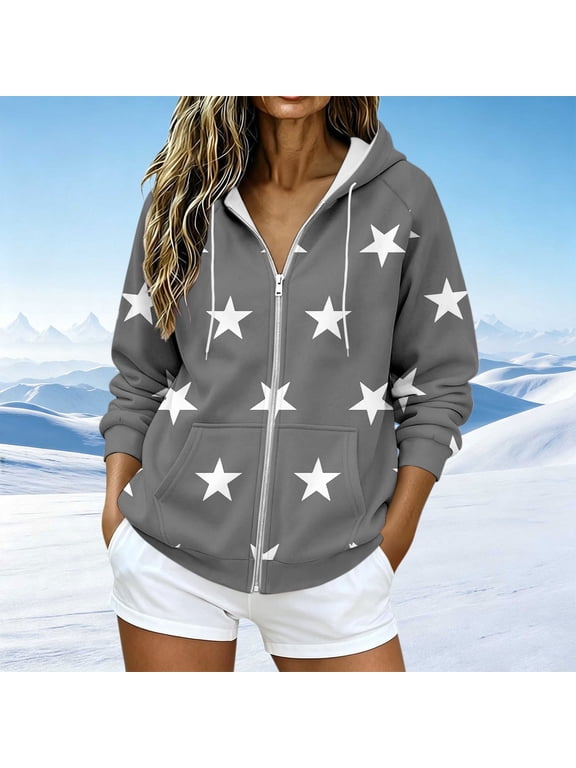 Women Zip Up Hoodies Y2k Drawstring Star Graphic Sweatshirt Oversized Jackets with Slant Front Pocket L