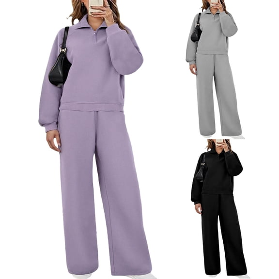 Kinrui Women's 2 Piece Matching Lounge Set Winter Long Sleeve Quarter Zip Pullover Wide Leg Airport Travel Pants Casual Sweatsuit Tracksuits Black,M