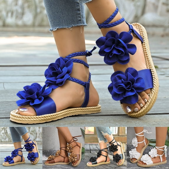 Kinrui Women's 3D Flat Flower Sandals Boho Ankle Strap Open Toe Summer Beach Shoes 5.5