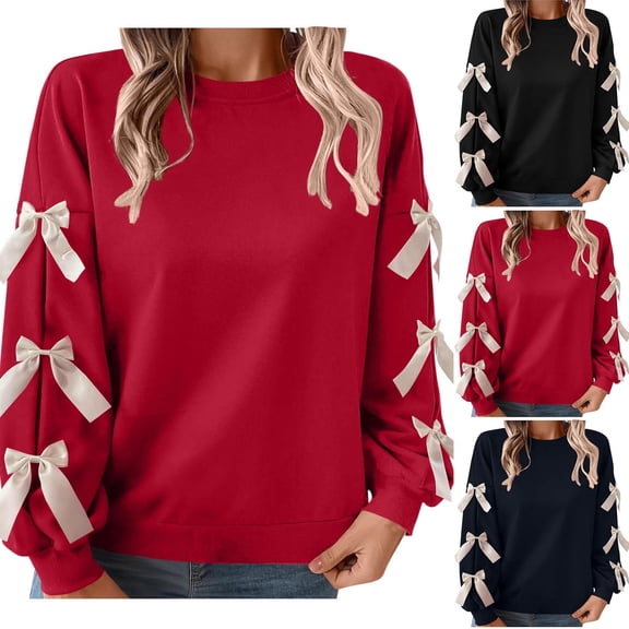Kinrui Women's Bow Tie Sweaters Valentines Graphic Long Sleeve Crewneck Casual Pullover Sweatshirts Cute Party Sweater Tops Navy,XXL