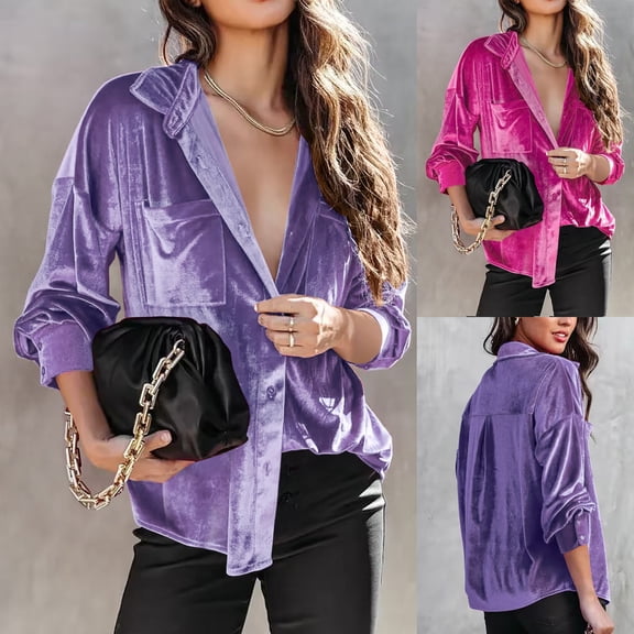 Kinrui Women's Button Down Velvet Shirts Long Sleeve Basic Classic Soft Shirt Collared Fashion Dressy Casual Blouses Purple,L