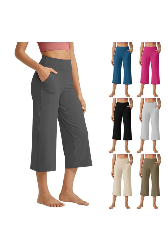 Women's Capri Pants with Pocket Stretch High Waist Yoga Capri Tourses Casual Crop Capris Pants Gray L