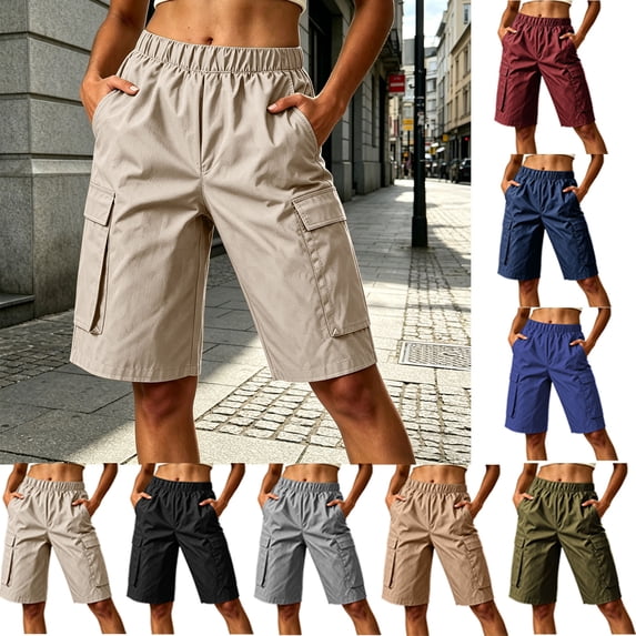 Kinrui Women's Cargo Shorts with Multi Pockets Knee Length Elastic Waist Hiking Shorts Wide Leg Summer Shorts S-3XL