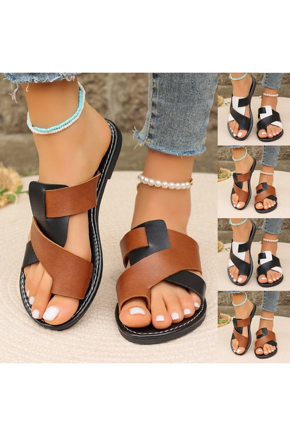 Women's Color Block Toe Ring Flats Criss Cross Two Tone Open Toe Slide Sandals 9