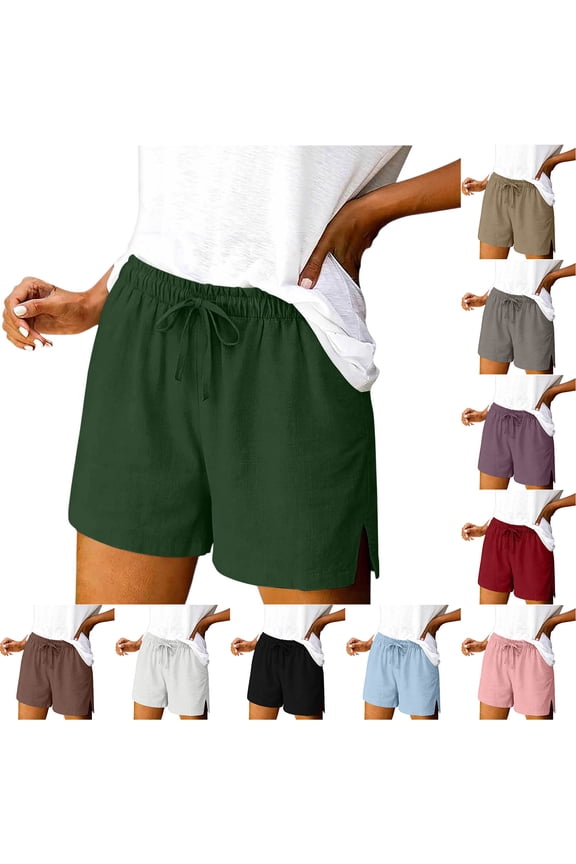 Women's Cotton Linen Shorts Drawstring High Waisted Comfy Pull On Shorts Slit with Pockets 4" Red S