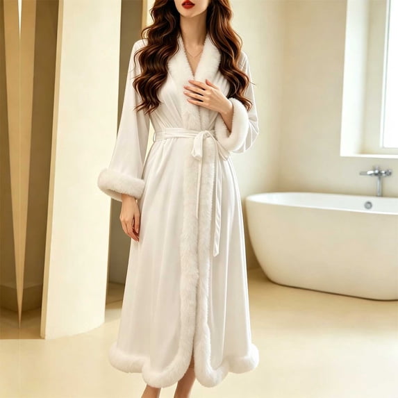 Kinrui Women's Faux Fur Trim Bathrobe Bridal Bridesmaids Robes Maxi Length Valentines Day Wedding Dressing Gown White L