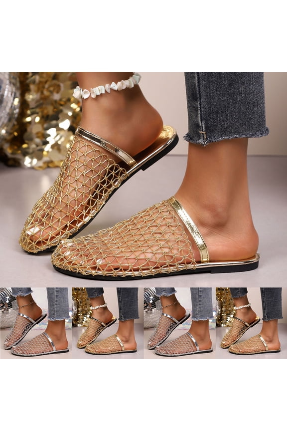 Women's Fishnet Mesh Close Toe Flat Sandals Metallic Hollow Out Slip On Slides 9