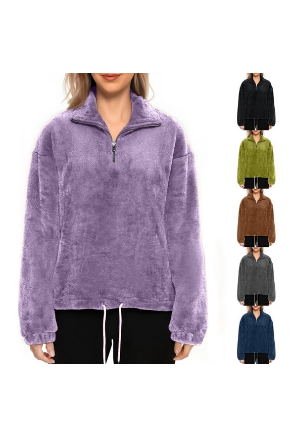 Women's Half Zip Fleece Pullover Flannel Stand Collar Long Sleeve Sweatshirt Quarter-Zip Sherpa Warm Sweaters with Drawstring Gray,S