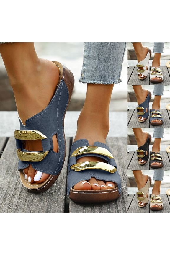 Women's Leather Flat Slippers Metallic Link Chains Slip On Summer Indoor and Outdoor Slide Sandals 9.5