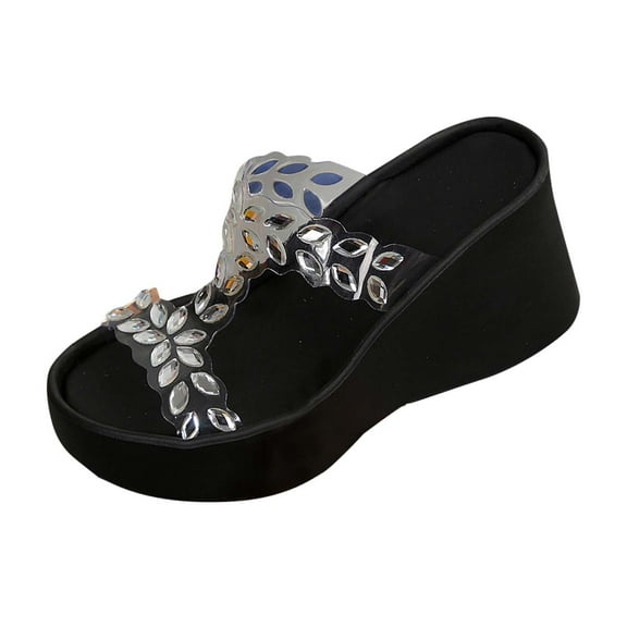 Kinrui Women's Leather Sandals Women's Fashionable Casual Versatile Rhinestone Spring And Summer New Wedge-Heel Beach Slippers
