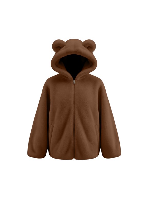 Women's Oversized Fleece Hooded Coats Bear Ear Cute Fluffy Zip Up Hoodie Plush Sherpa Jacket Lightweight Fall Lounge Outwear with Pocket S-2XL