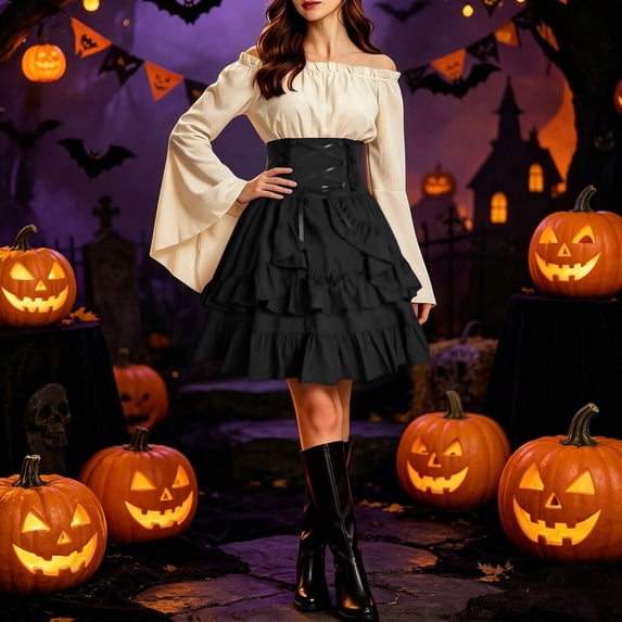 Kinrui Women's Pirate Costume Retro Renaissance Ruffle Outfit Set Steampunk Gothic Lace Up High Waist Layered Dress Black M