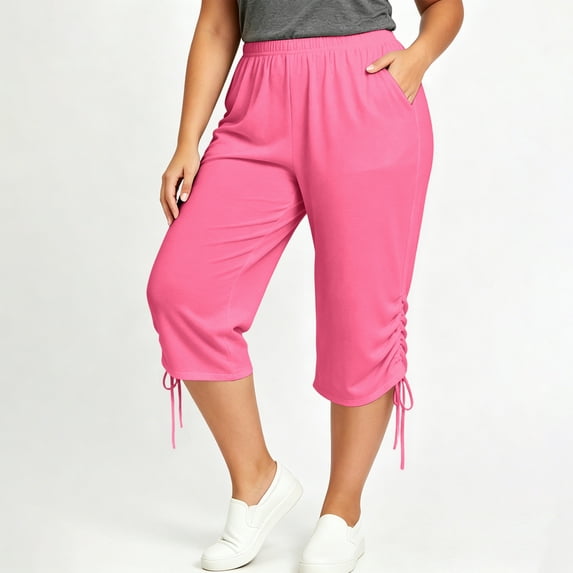 Kinrui Women's Plus Size Capri Sweat Pants Lounge Elastic Waist Casual Comfy Joggers Side Ruched Pants with Pockets Pink 4XL