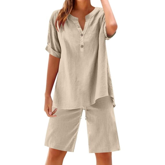 Kinrui Women's Plus Size Linen Sets 2 Piece Short Sleeve T-Shirt & Wide Leg Bermuda Shorts Lounge Summer Outfits Beige XXXXL
