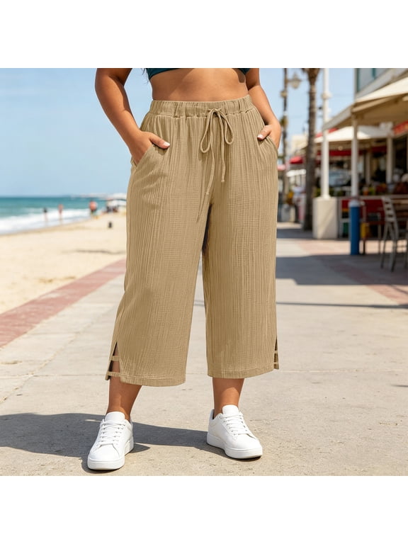 Women's Plus Size Wide Leg Palazzo Pants with Pockets High Waisted Texture Casual Everyday Flowy Pants Khaki 2XL