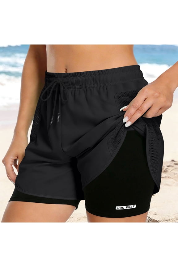 Women's Running Shorts 2-in-1 Double Layer Elastic Waistband Workout Fitness Active Yoga Jogging Shorts Black 2XL