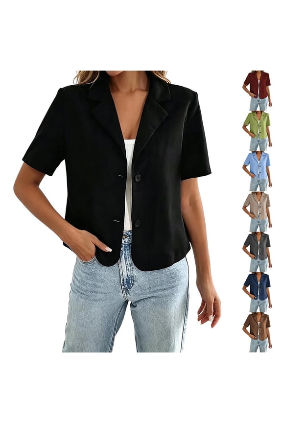 Women's Short Sleeve Cropped Suit Blazer Business Casual Open Front Button Down Jacket Light Blue M