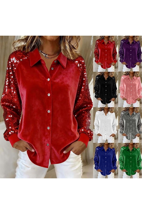Women's Sparkly Velour Shirts Trendy Button Down Collar Tops Spring/Fall Long Sleeve Casual Dressy Tunic Blouses Red 2XL