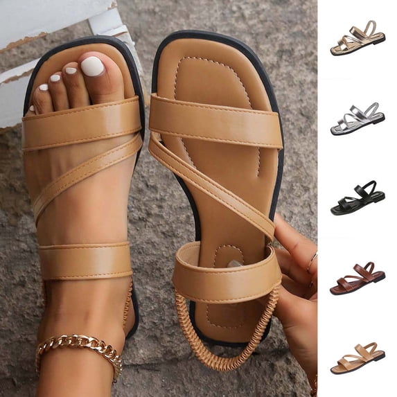 Kinrui Women's Square Toe Flat Sandals with Elastic Back Strap Open Toe Design Comfortable 5.5