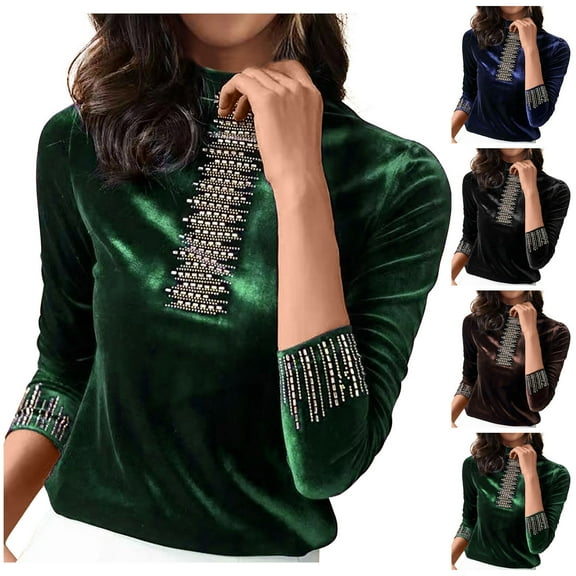 Kinrui Women's Turtleneck Velvet Top Elegant Long Sleeve Work Shirts Dressy Casual Basic Velour Blouse Coffee,L