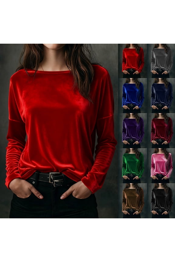 Women's Velvet Tops Long Sleeve Boat Neck Velour Blouses Elegan Retro Dressy Causal Tunic Shirts Navy M