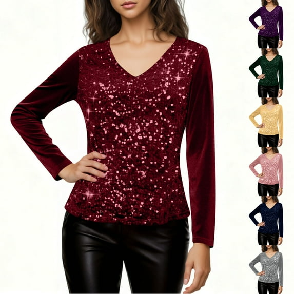 Kinrui Women's Velvet Tops Sequin Long Sleeve V Neck Spring Trendy T-Shirts Sparkle Glitter Christmas Formal Evening Party Holiday Shirts Blouse Gold,S