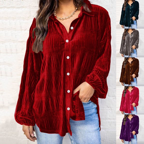 Kinrui Women's Vintage Velvet T-Shirt Oversized Long Sleeve Button Down Shirts Loose Fit Pleated Casual Blouses Tunic Tops Hot Pink,L