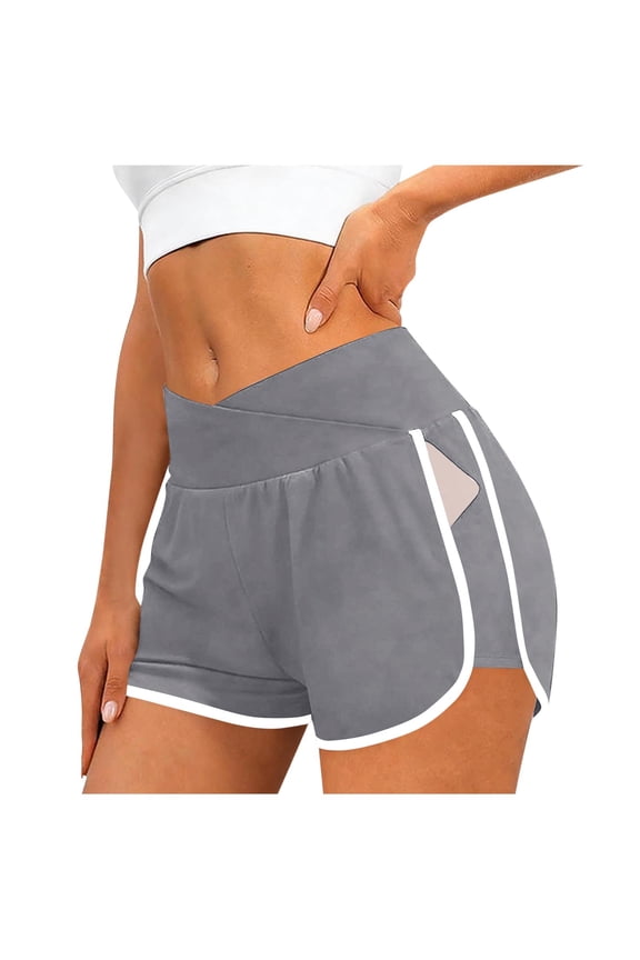 Women's Workout Shorts Athletic Running Shorts Crossover High Waisted Color Block Gym Shorts with Pockets Gray M